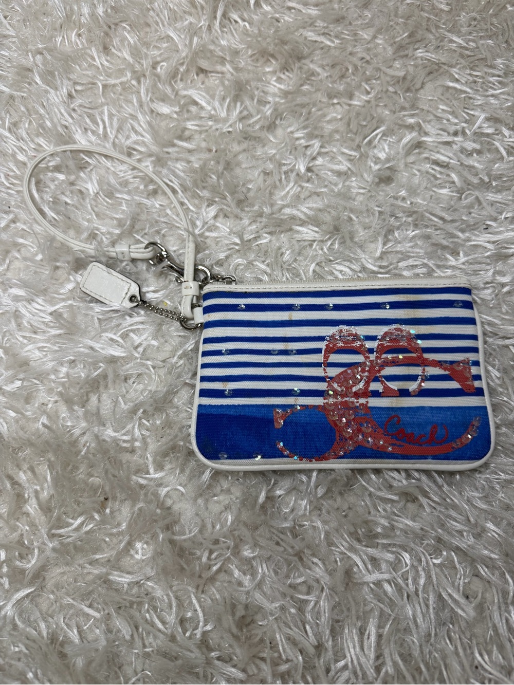 Coach Poppy Blue White Striped Wristlet with Red Sequin Script